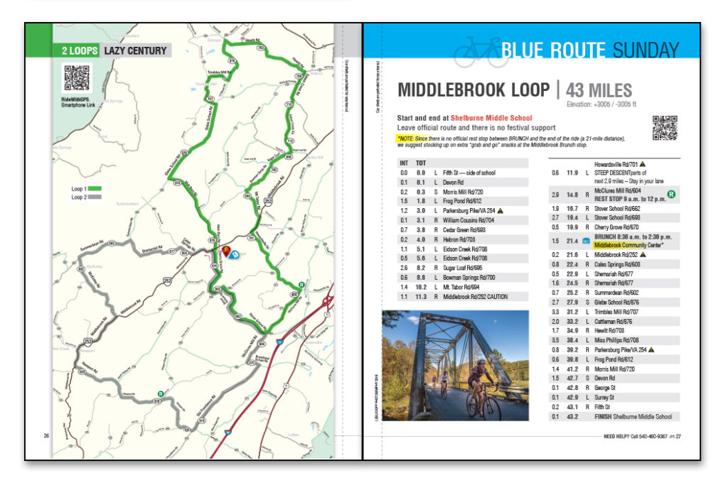 Perforated cue sheets and color-coded maps make this event guide a useful asset for all riders Bike Festival Cue Sheets and Maps