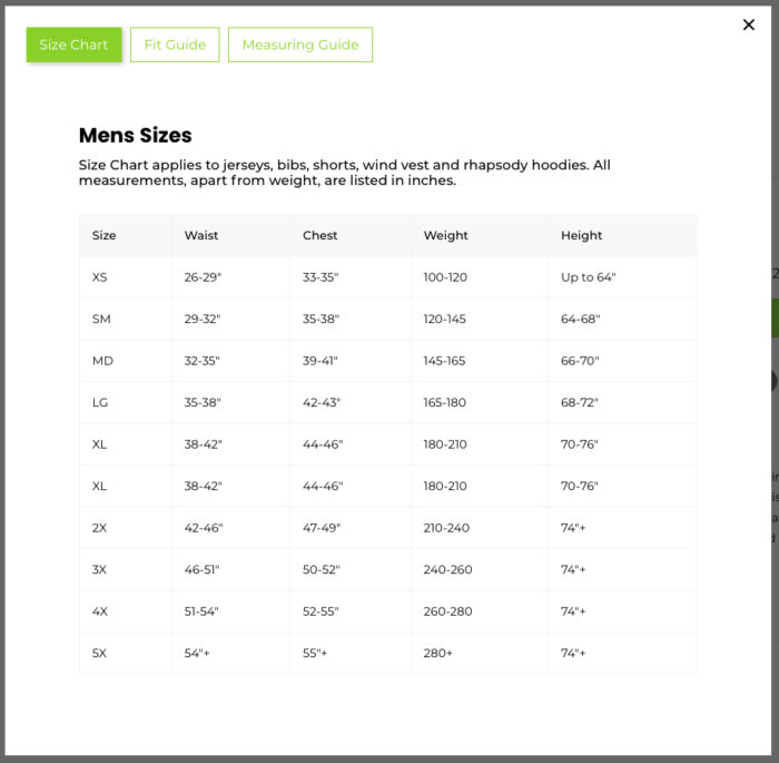 Mens standard fit size guide