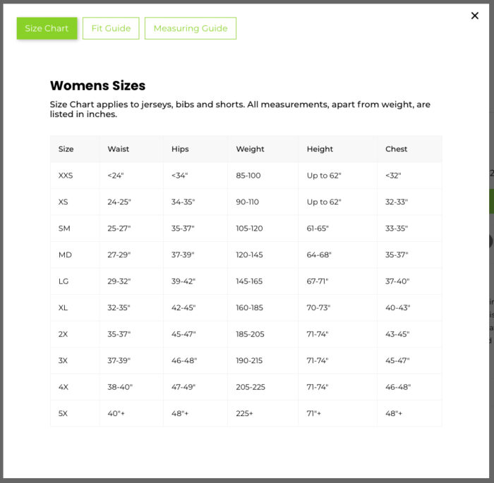 Womens standard fit size guide